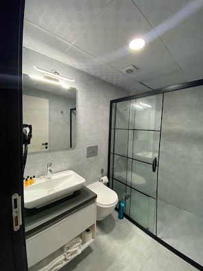 Shower, hair dryer, towels, soap