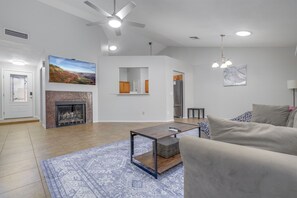 Smart TV, fireplace, computer monitors