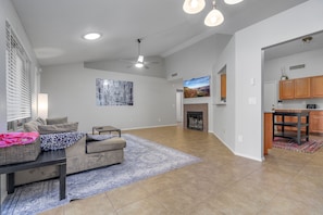 Smart TV, fireplace, computer monitors
