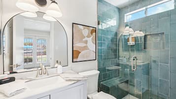 Shower, hair dryer, towels