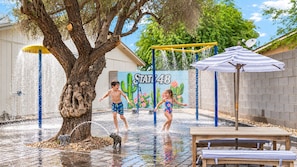 A water play area with a tree, a mural, and a bench. - Kid's Favorite | Splash Pad | Pool | Playground (Tempe)