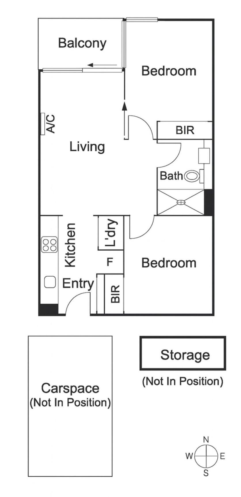 Plano de distribución con balcón, dos dormitorios, sala de estar, cocina, baño y estacionamiento.