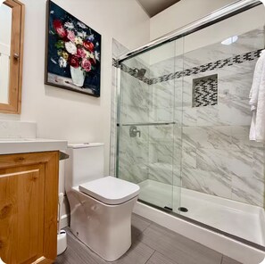 Hair dryer, towels, soap, shampoo