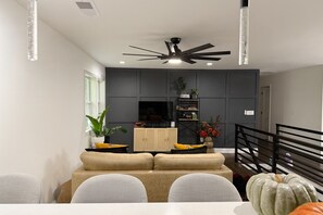 Smart TV, books, music library, stereo