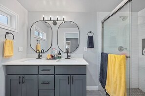 Hair dryer, towels, soap, toilet paper