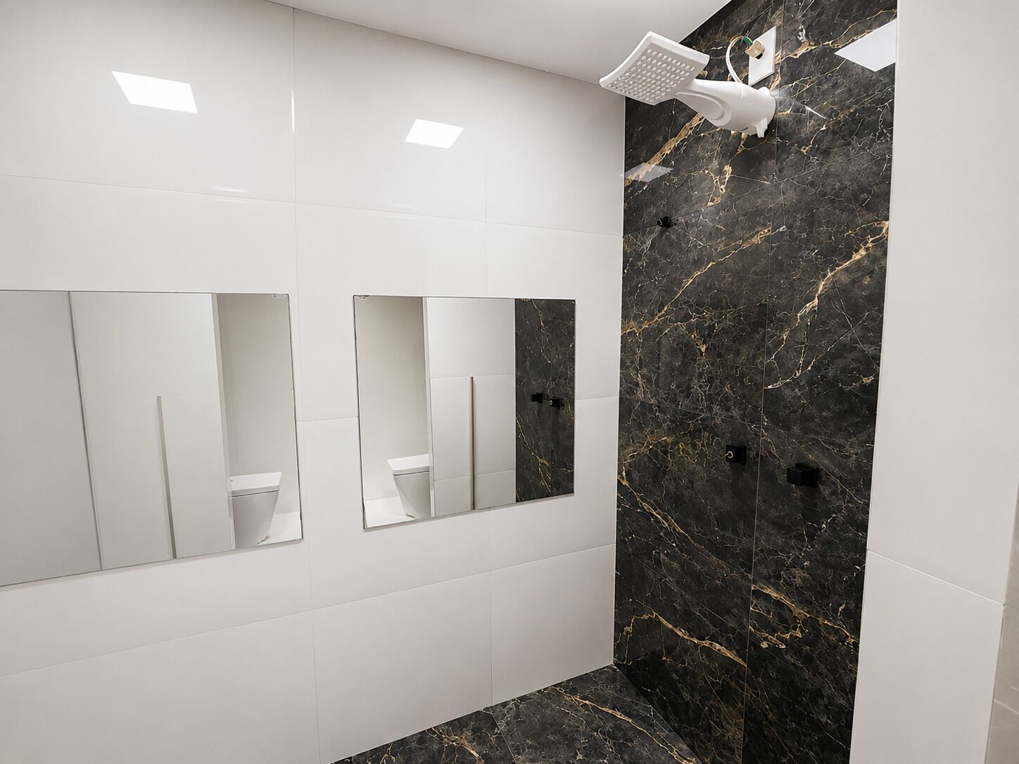 A modern bathroom with white tiles, a black marble wall, and a shower with a handheld showerhead.