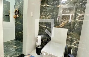 Douche, séchoir à cheveux, serviettes fournies, savon