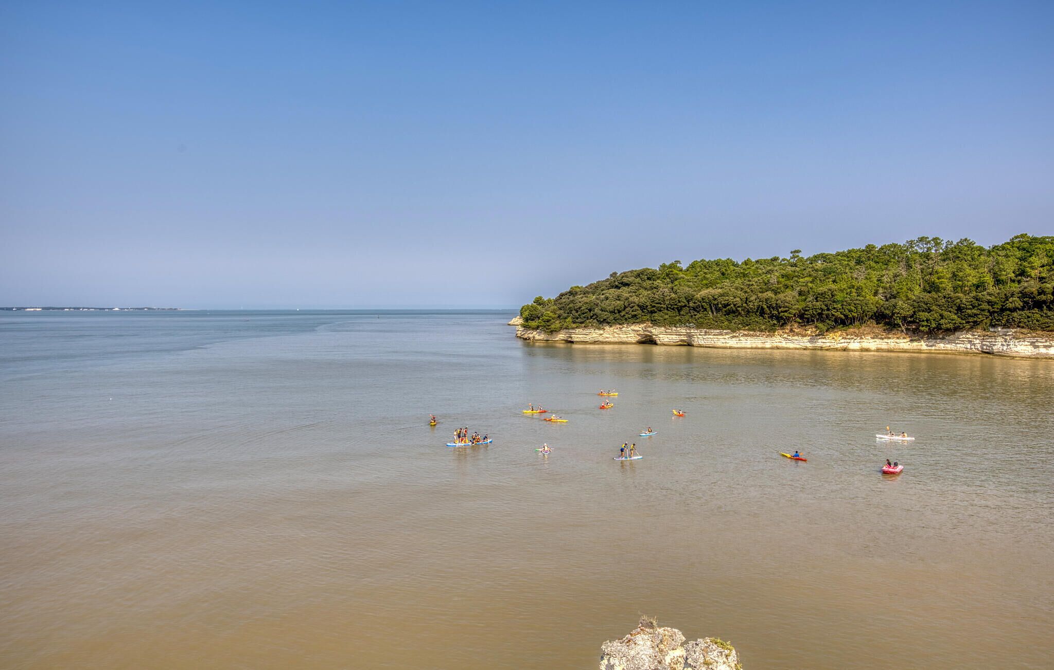 Una distesa d'acqua calma con diversi kayak e una piccola barca, immersa in un paesaggio naturale con alberi e cielo sereno.