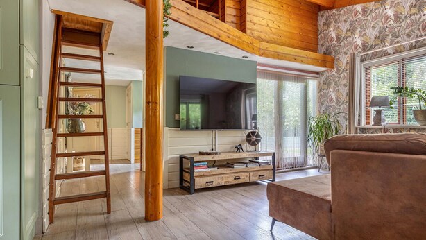 A spacious living room with a wooden ceiling, a television, a sofa, and a ladder leading to an upper level. - Gorgeous home in Erm with WiFi (Erm)