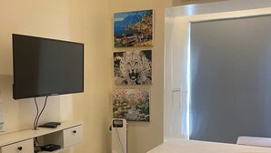 Un dormitorio con cama, televisor, aire acondicionado instalado en la pared y obras de arte.