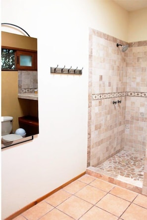 Regadera, toallas, jabón, papel de baño
