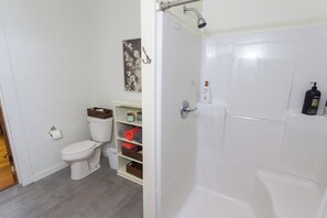 Douche, sèche-cheveux, serviettes fournies, savon