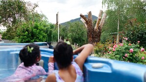 A water ride with two children in a blue tube, surrounded by greenery and flowers. - Tuscan Farmhouse (Don Valley)