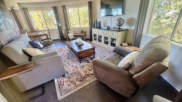 Smart TV, fireplace, books, video library