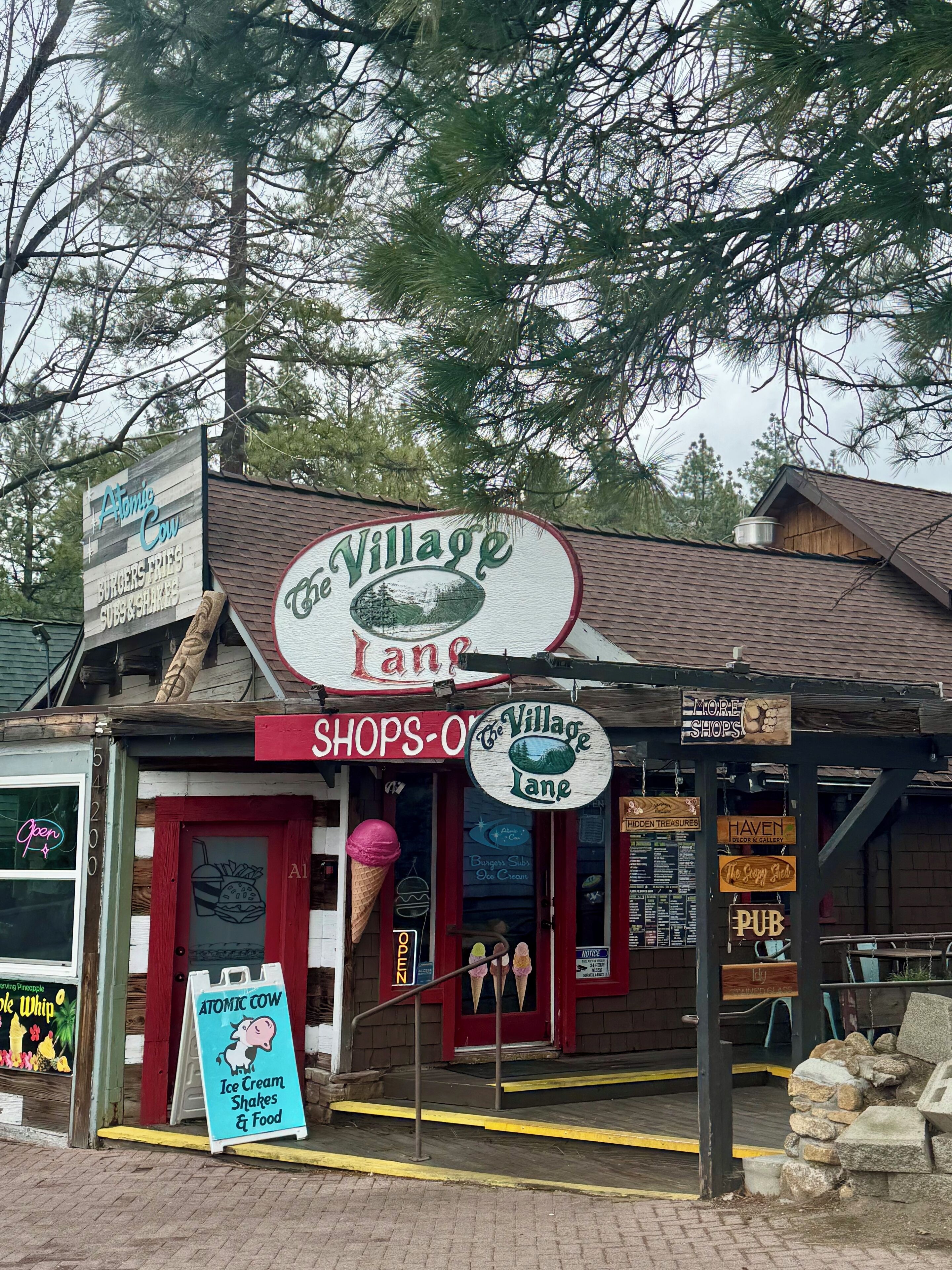 A storefront with a sign reading "The Village Lane" and various shop signs including "Atomic Cow" and "Haven".