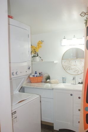 Hair dryer, towels, soap, toilet paper