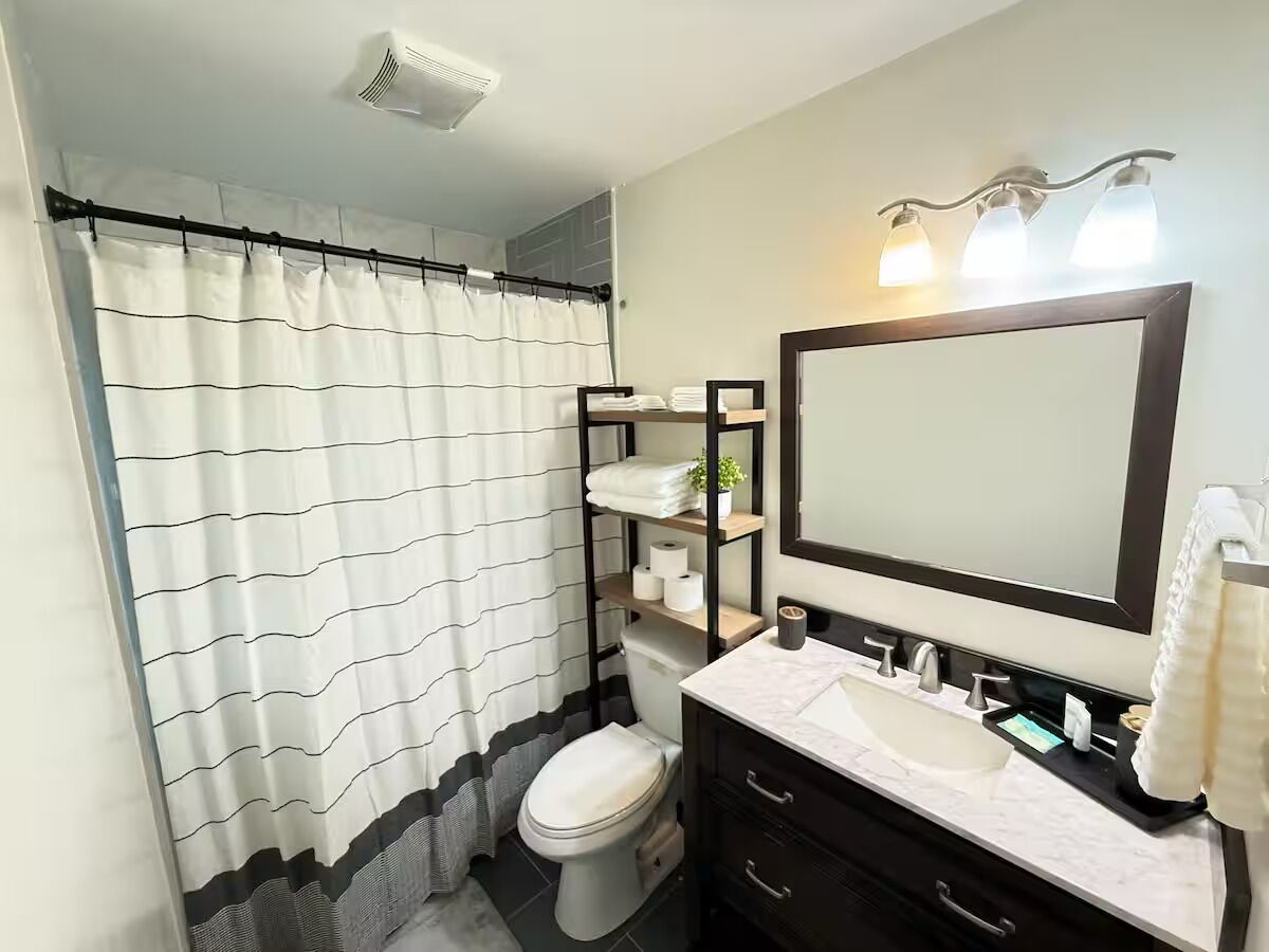 Hair dryer, towels, soap, shampoo