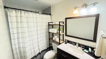 Hair dryer, towels, soap, shampoo