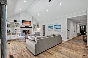 Smart TV, fireplace, books