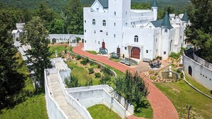 A castle-like structure with a central tower, surrounded by a walled garden and a paved pathway.