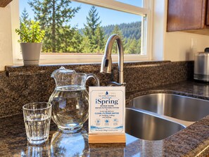 A kitchen with a stainless steel sink, a pitcher of water, and a sign for the iSpring Whole-Home Water Filtration System.