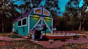 A small, single-story house with a green exterior and a wooden deck.
