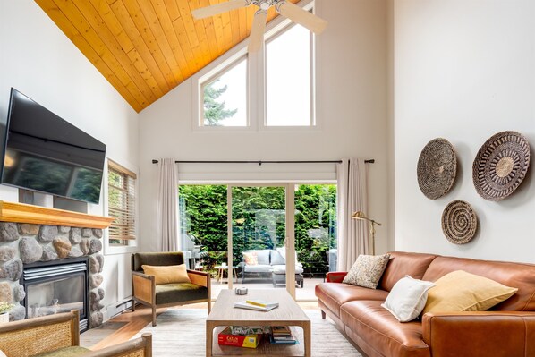 Smart TV, chimenea y libros 