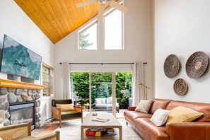 TV connectée, cheminée, livres