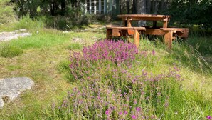 A wooden picnic table in a grassy area with purple flowers and a cabin in the background. - Mallard - sleeps 6 guests in 3 bedrooms (Boat of Garten)