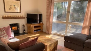 A cozy living room with a fireplace, a television on a wooden stand, and a large window with curtains. - Mallard - sleeps 6 guests in 3 bedrooms (Boat of Garten)