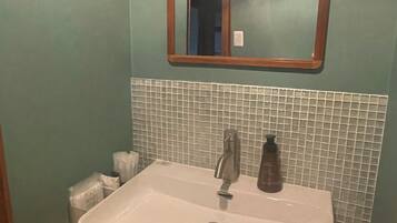 Hair dryer, towels, soap, toilet paper