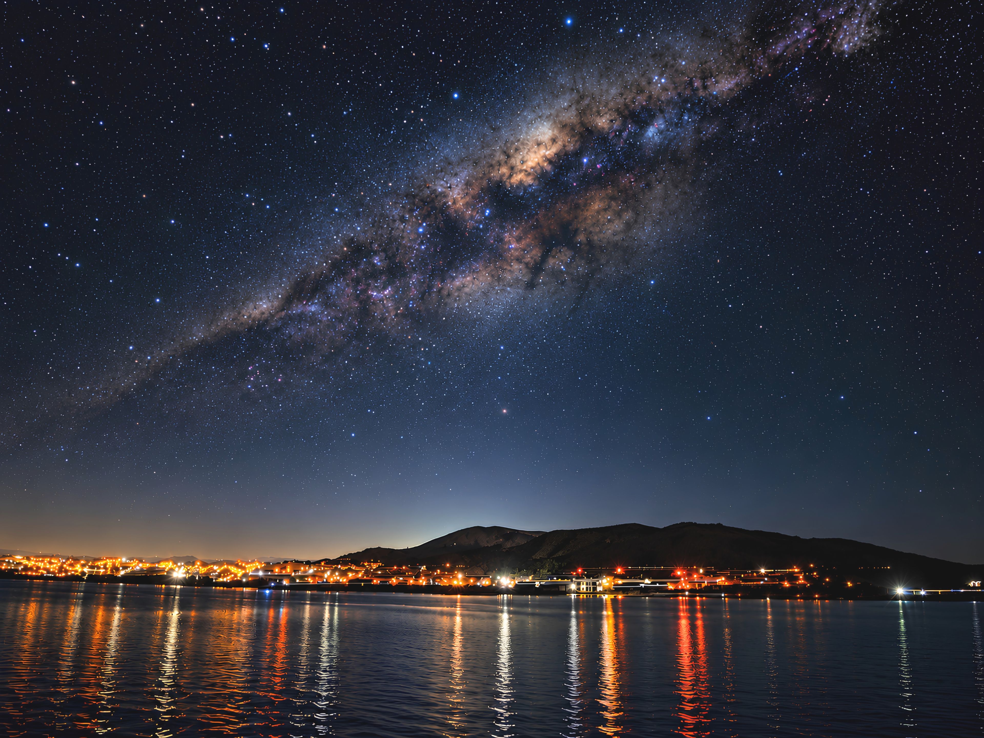 A night sky with stars and the Milky Way over a body of water reflecting city lights.