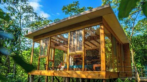 A wooden cabin with large windows, elevated on stilts, surrounded by lush greenery. - Agarthi (Cintalapa)