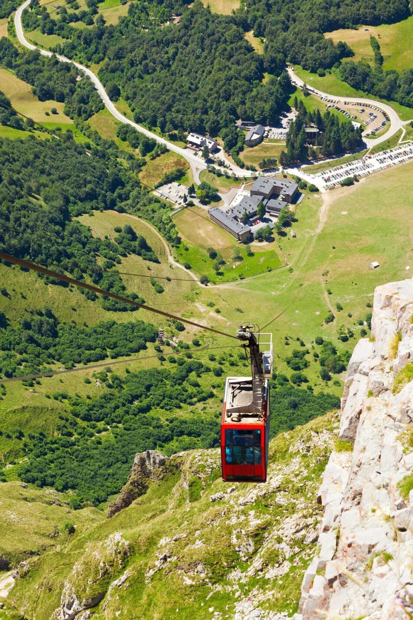Un réseau de téléphériques dans une région montagneuse, avec un ensemble de bâtiments et un parking en arrière-plan.
