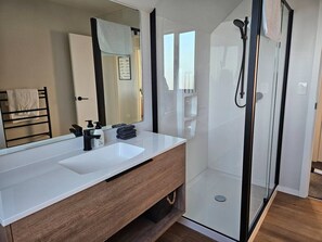 Shower, hair dryer, towels, soap
