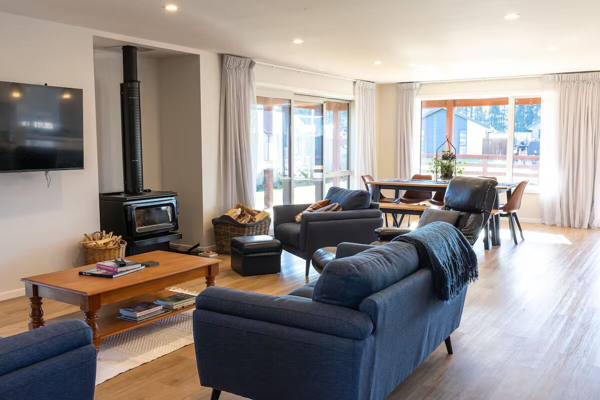 Smart TV, fireplace, books