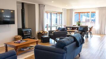 Smart TV, fireplace, books