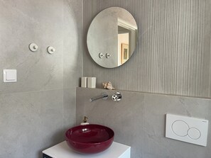 Hair dryer, towels, soap, toilet paper