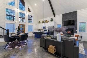 Smart TV, fireplace, books