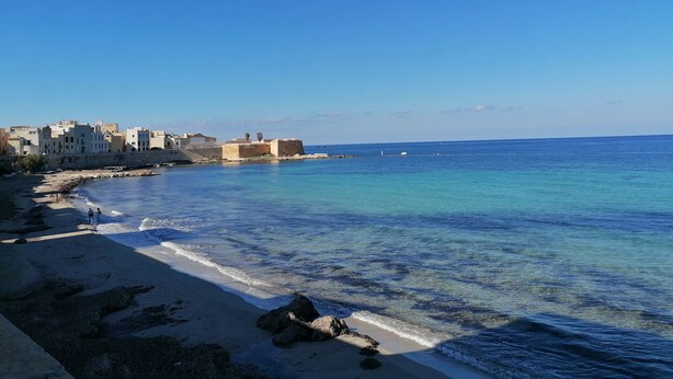 A coastal town with buildings along the shore, a clear blue sky, and calm sea. - BelliniStay - Apartment in the heart of the city, between station, port and beaches. (Trapani)