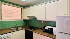 Cocina compacta con armarios blancos, pileta de acero inoxidable, estufa a gas, lavavajillas y microondas.