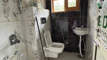 Douche, serviettes fournies, savon, papier toilette