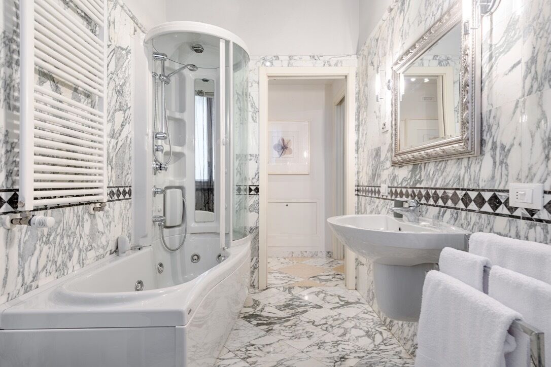 Hair dryer, towels, soap, shampoo