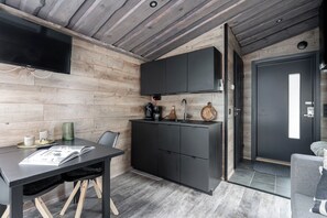 Mini-fridge, microwave, coffee/tea maker, electric kettle