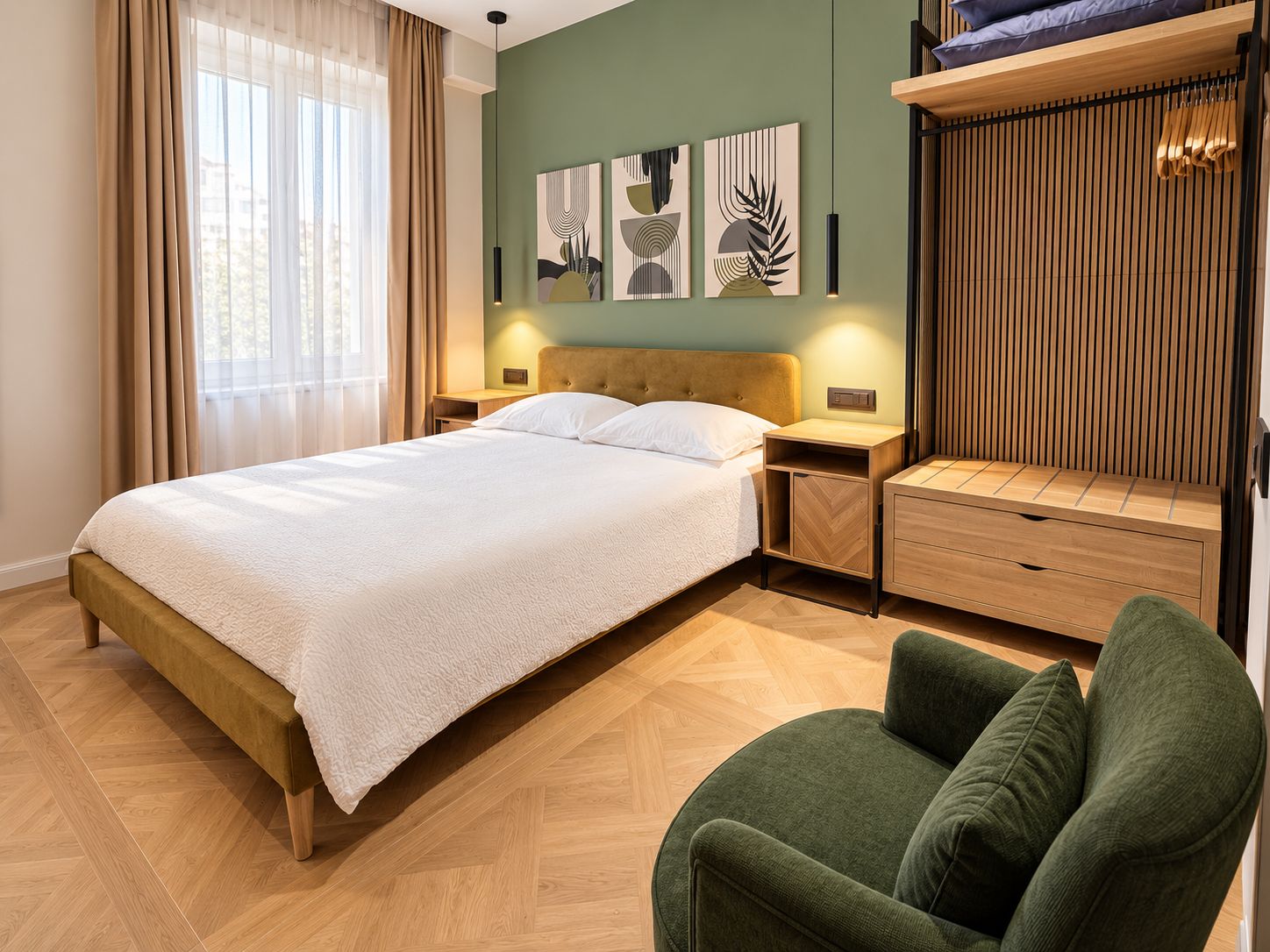 A hotel room with a bed, bedside tables, a chair, artwork on the wall, and a window with curtains.