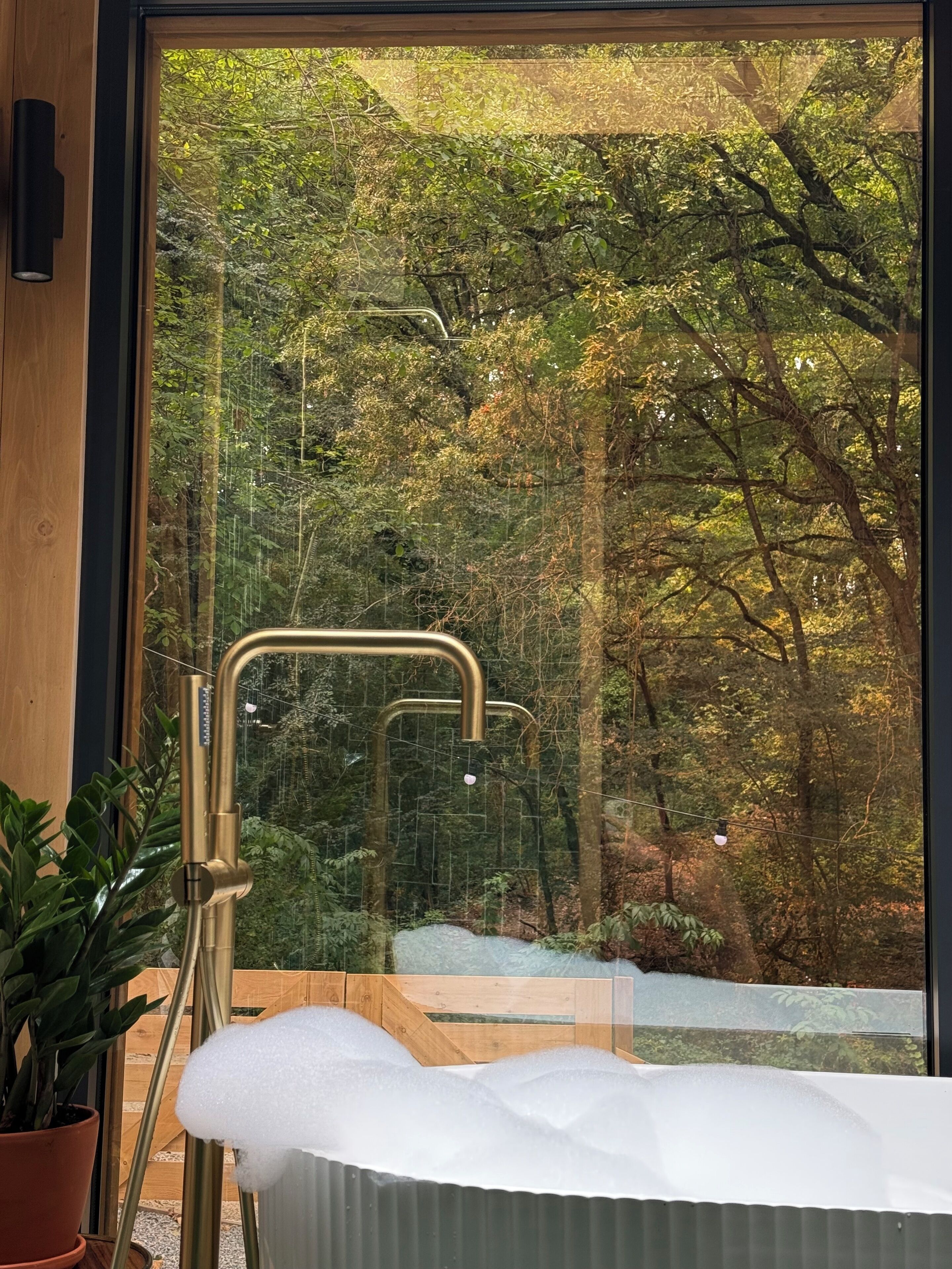 Ein Badezimmer mit Badewanne, Duschkabine aus Glas und Blick auf einen Wald durch ein großes Fenster.