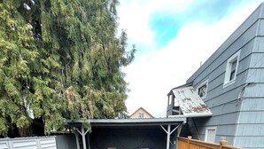 A backyard with a covered patio area, a barbecue grill, and a paved path.