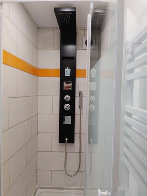 Shower, towels, soap, toilet paper