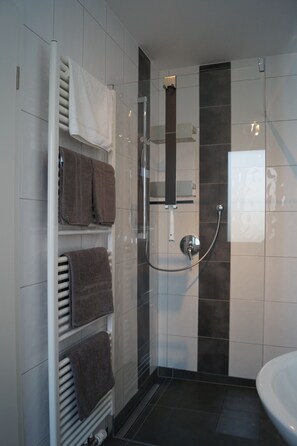 Shower, towels, soap, toilet paper