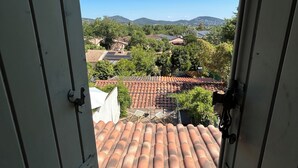 A view from a window with a tiled roof, overlooking a residential area with houses and greenery.